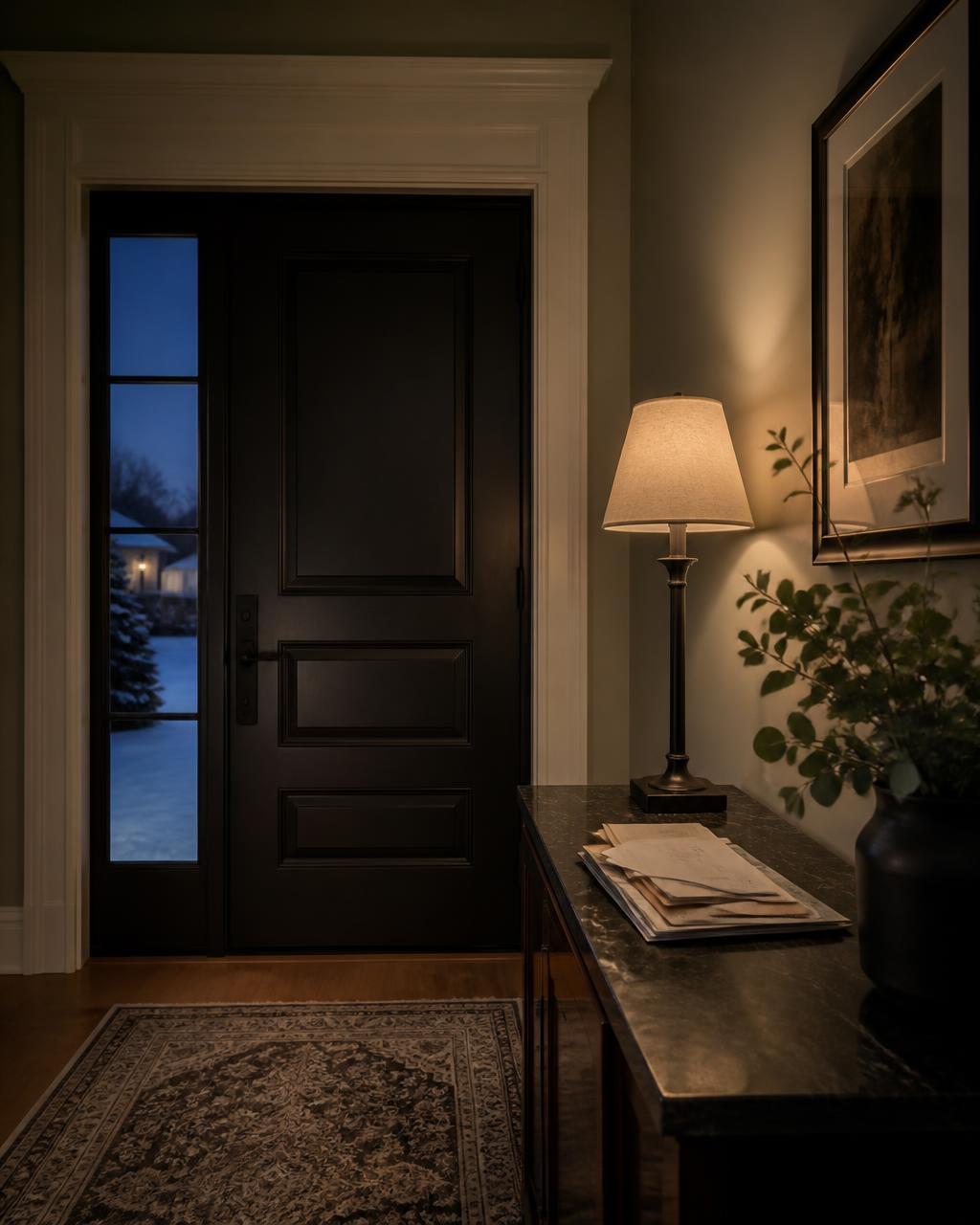 Quiet luxury entryway at dusk with mail collected on a console table
