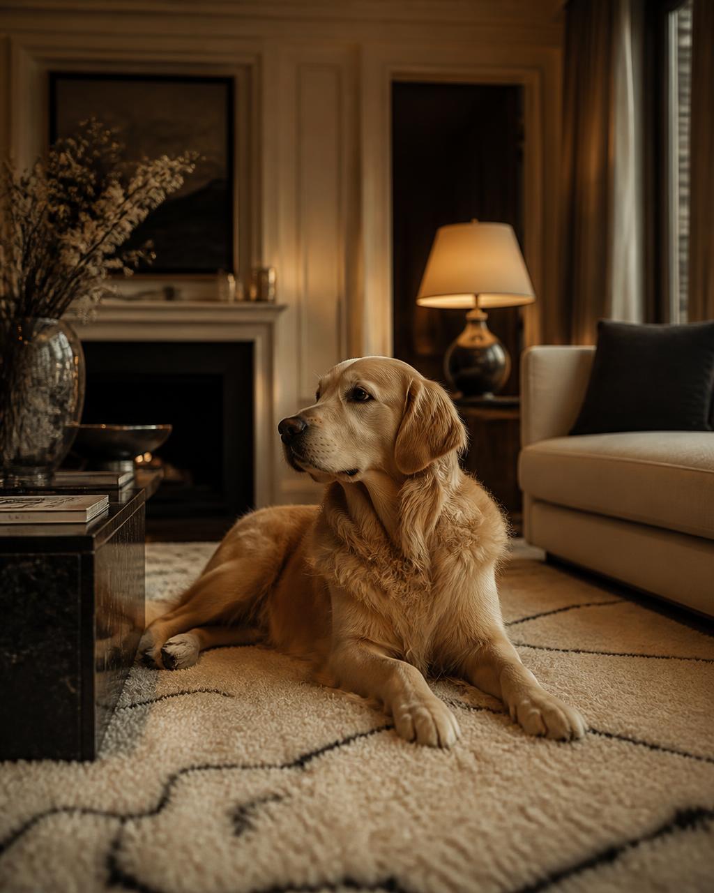 Golden retriever resting calmly in a refined living room